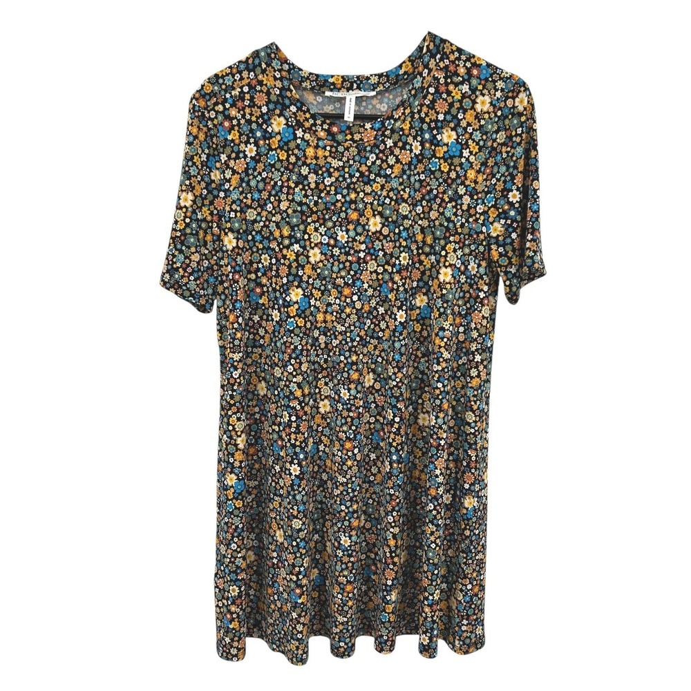 Y2K Floral Swing Dress Fit‎ Flare Short Sleeve M Black Retro Indie Twee BCBG